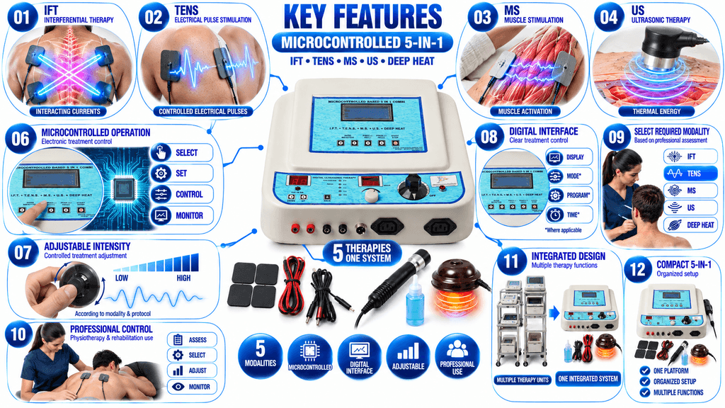Microcontrolled 5-in-1 Physiotherapy Machine Microcontrolled 5-in-1 Physiotherapy Machine Key Features with IFT, TENS, MS, Ultrasonic and Deep Heat Therapy