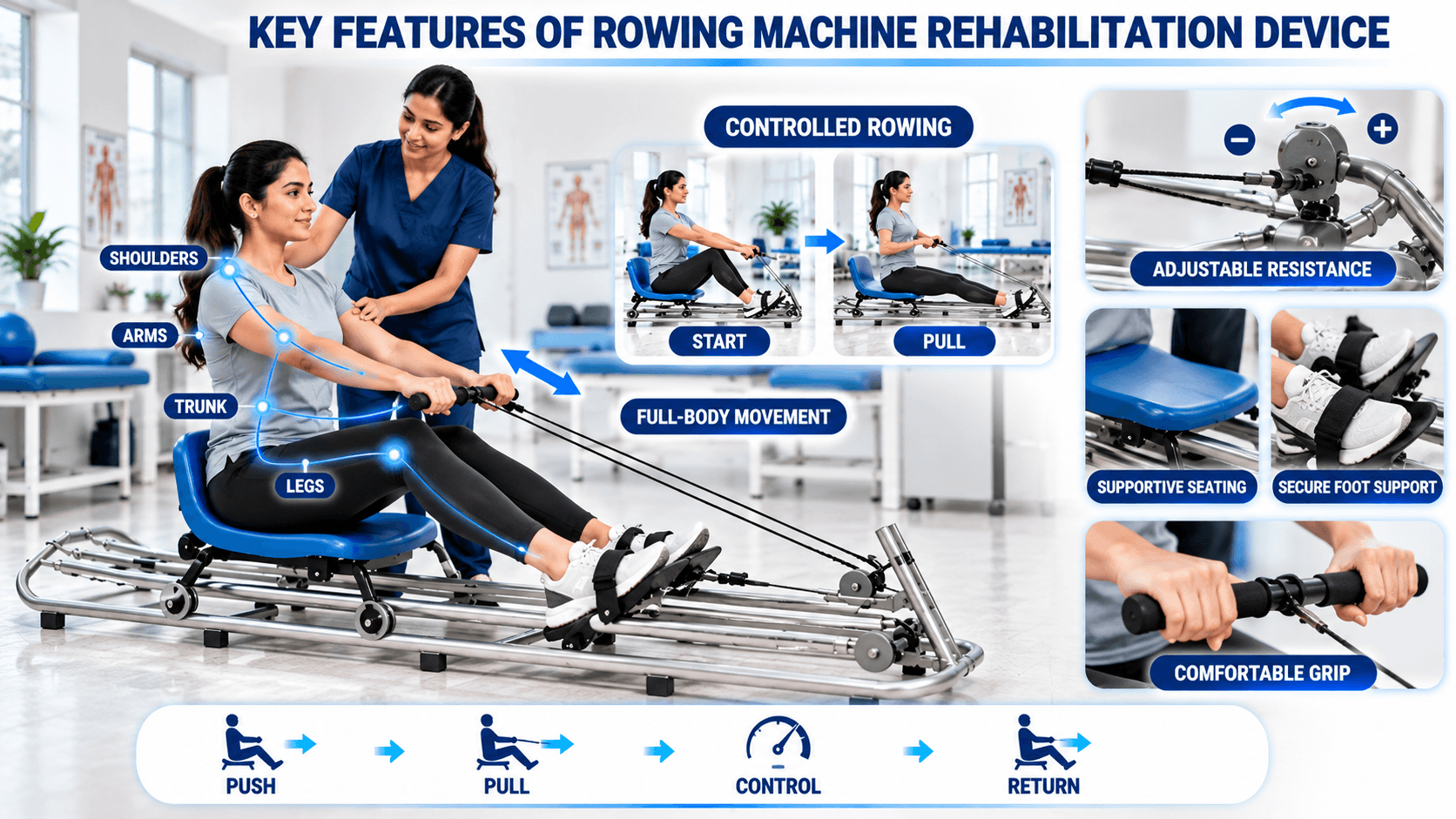 Rowing Machine Rehabilitation Device Physiotherapy Rowing Machine Rehabilitation Device featuring controlled rowing motion, adjustable resistance levels, supportive seating, secure foot support straps, ergonomic comfortable grip handles, and full-body rehabilitation exercises targeting shoulders, arms, trunk, and legs under physiotherapist supervision.