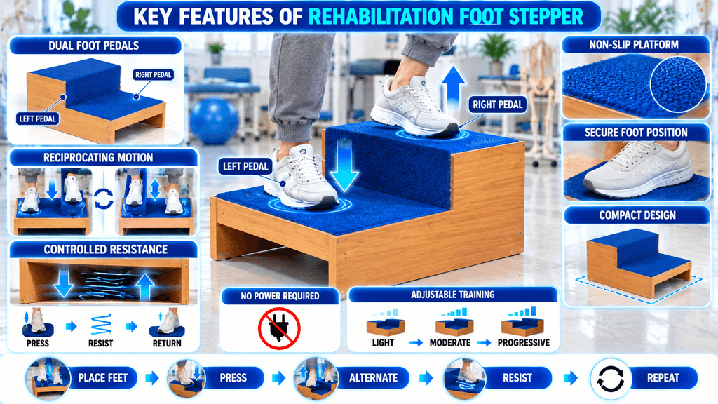 Rehabilitation foot stepper with dual foot pedals, reciprocating step motion, non-slip platform, secure foot positioning, controlled resistance, compact design, and progressive lower-limb training.