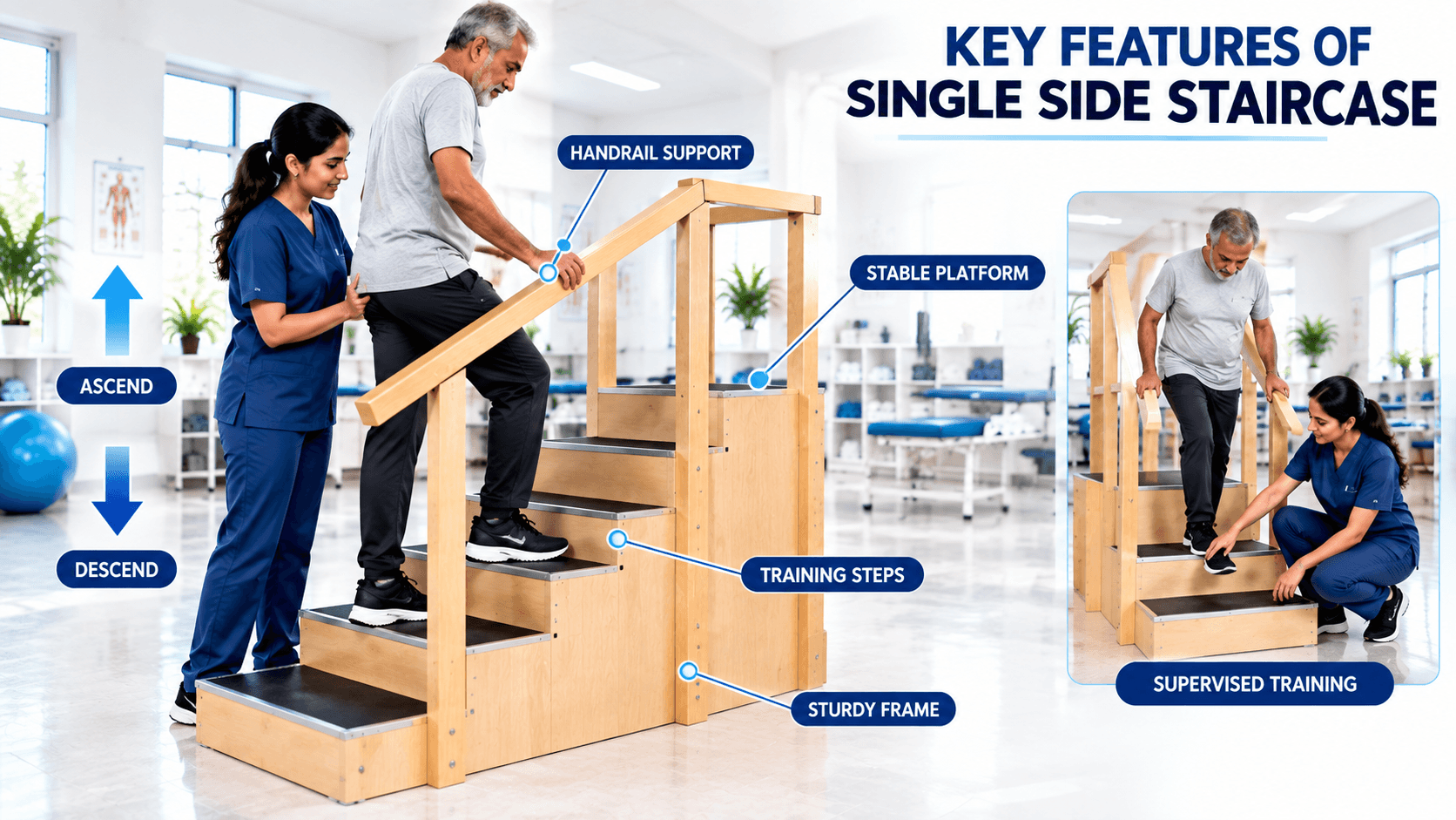 Adult rehabilitation patient using PHYSIOMODALITIES™ Single Side Physiotherapy Staircase Training Equipment while a physiotherapist provides supervised assistance during stair ascent and descent training, highlighting the wooden handrail support, stable platform, anti-slip training steps, sturdy frame, and supervised gait rehabilitation in a physiotherapy clinic.