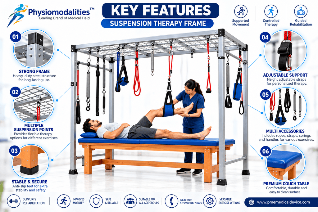 Medical infographic highlighting the key features of a suspension therapy frame for physiotherapy rehabilitation, including a strong steel frame, multiple suspension points, adjustable support straps, springs, ropes, handles, cushioned therapy couch, stable anti-slip base, and therapist-assisted lower-limb suspension therapy.