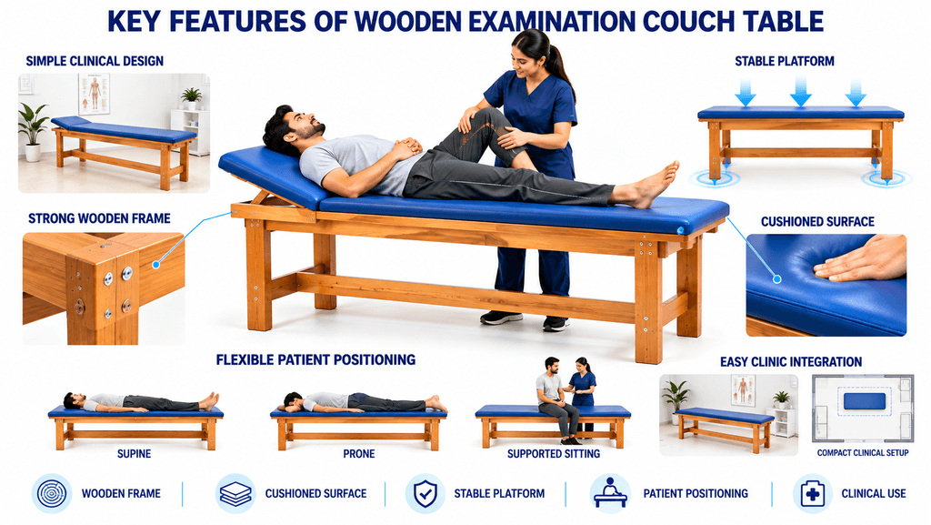Medical infographic highlighting the key features of a wooden examination couch table with an adjustable backrest, cushioned surface, strong wooden frame, stable platform, flexible patient positioning for supine, prone, and supported sitting, and clinic-ready design for physiotherapy examination and rehabilitation.