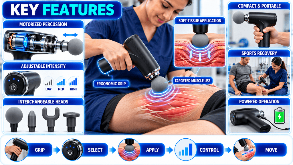 Percussion massage gun showing motorized percussion, adjustable intensity, interchangeable massage heads, ergonomic grip, soft-tissue application, targeted muscle use, compact portable design, sports recovery, and powered operation.