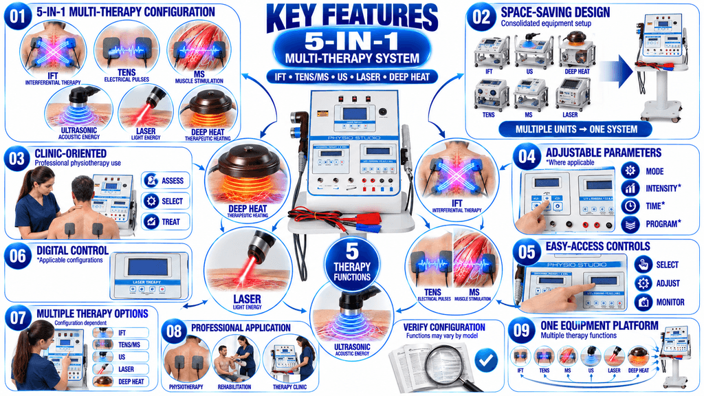 Key Features of Physio Studio 5-in-1 Multi-Therapy System with IFT, TENS, MS, Ultrasonic, Laser and Deep Heat