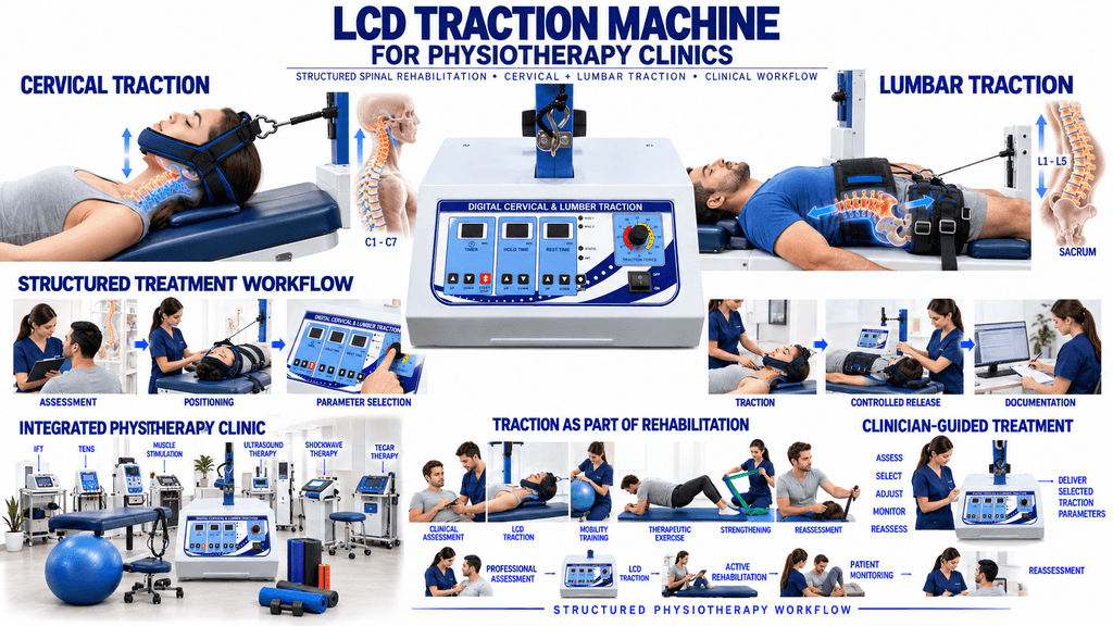 LCD Cervical and Lumbar Traction Machine for Physiotherapy Clinics showing spinal traction and structured rehabilitation workflow