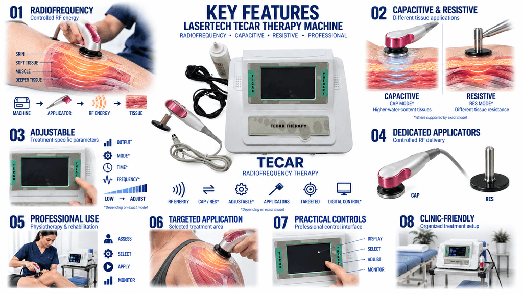 Lasertech TECAR Therapy Machine with Capacitive and Resistive Radiofrequency Modes and Professional Applicators