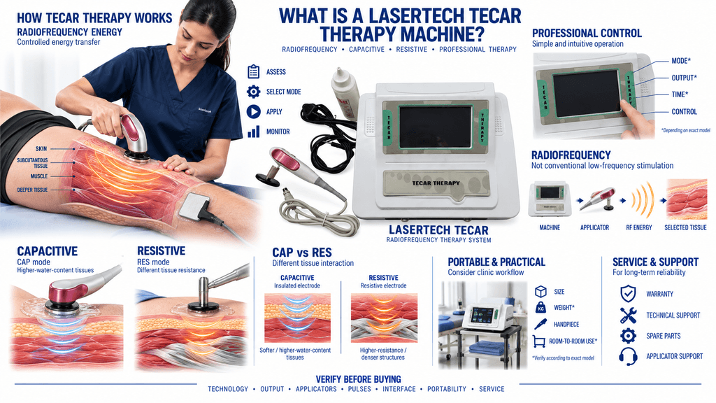 Lasertech TECAR Therapy Machine with Capacitive and Resistive Radiofrequency Treatment Modes