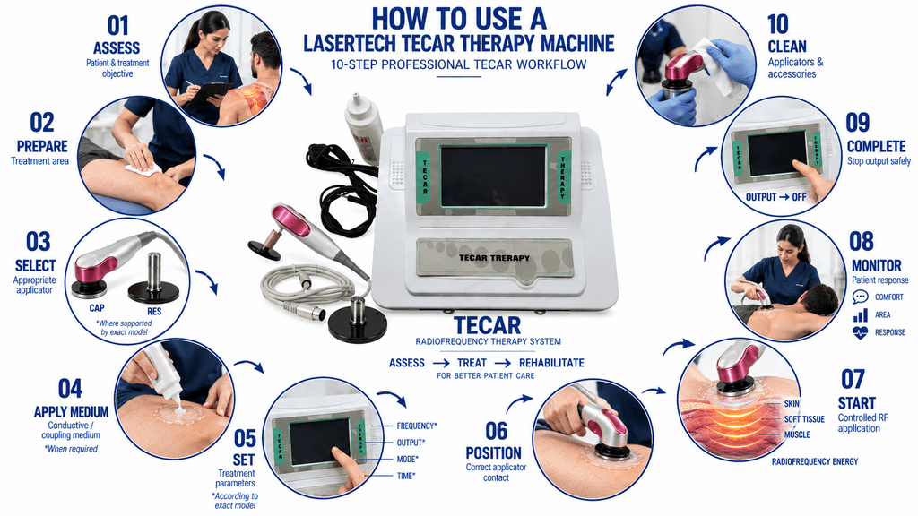 How to Use Lasertech TECAR Therapy Machine – 10-Step CAP and RES Radiofrequency Treatment Workflow