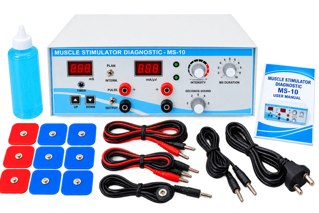 MS-10 Muscle Stimulator Diagnostic Physiotherapy Machine MS-10 Muscle Stimulator Diagnostic physiotherapy machine with digital timer, intensity and muscle stimulation controls, electrode pads, cables and accessories.