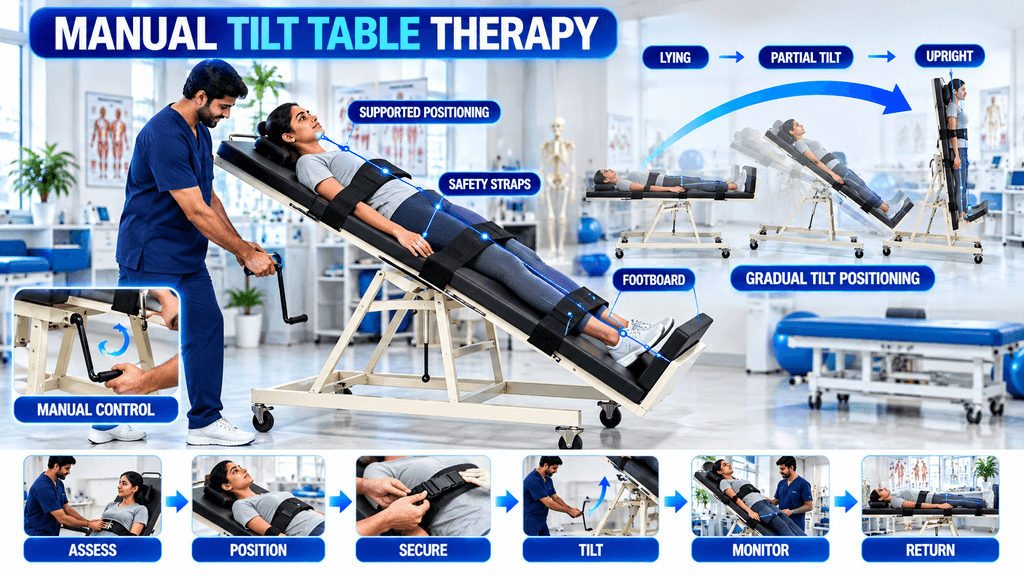 Manual tilt table therapy showing supported patient positioning, safety straps, footboard support, gradual tilt positioning, manual control, and supervised return to lying position.