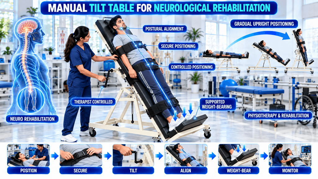 Manual tilt table used for neurological rehabilitation, showing therapist-controlled gradual upright positioning, secure patient positioning, postural alignment, supported weight-bearing, and monitored rehabilitation.