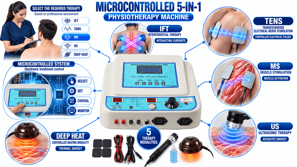Microcontrolled 5-in-1 Physiotherapy Machine Microcontrolled 5-in-1 Physiotherapy Machine with IFT, TENS, MS, Ultrasonic and Deep Heat Therapy