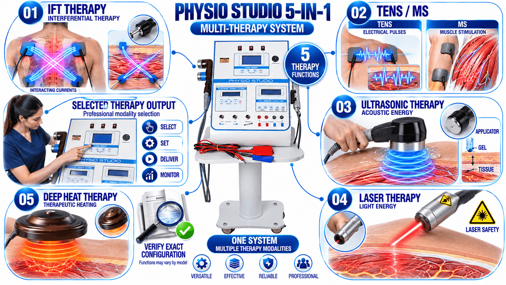 Physio Studio 5-in-1 Physiotherapy Machine with IFT, TENS, MS, Ultrasonic, Laser and Deep Heat Therapy