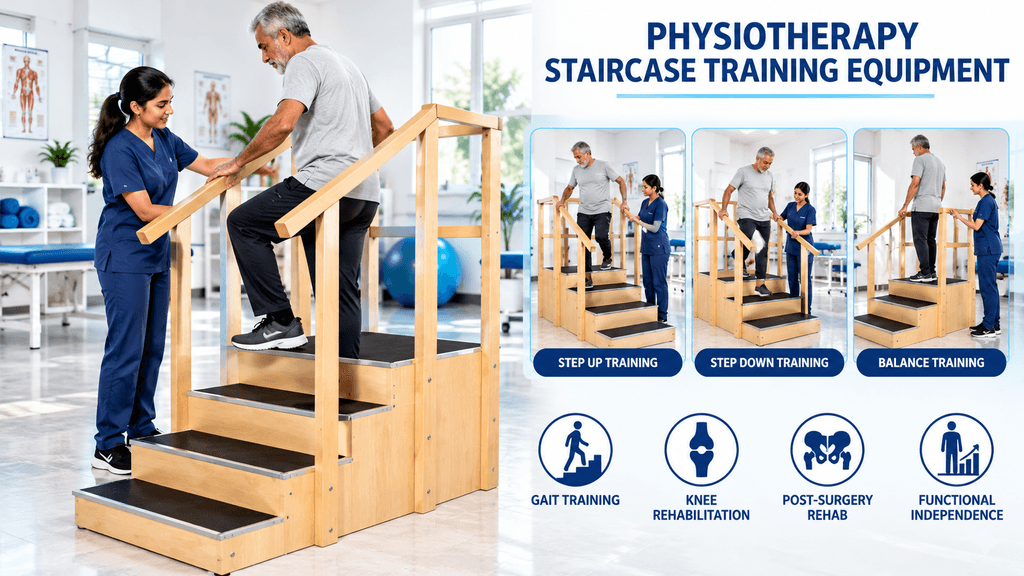 Adult patient performing stair climbing rehabilitation on PHYSIOMODALITIES™ Physiotherapy Staircase Training Equipment while a physiotherapist provides supervised support during step-up training, step-down training, balance training, gait rehabilitation, knee rehabilitation, post-surgery rehabilitation, and functional mobility training in a physiotherapy clinic.