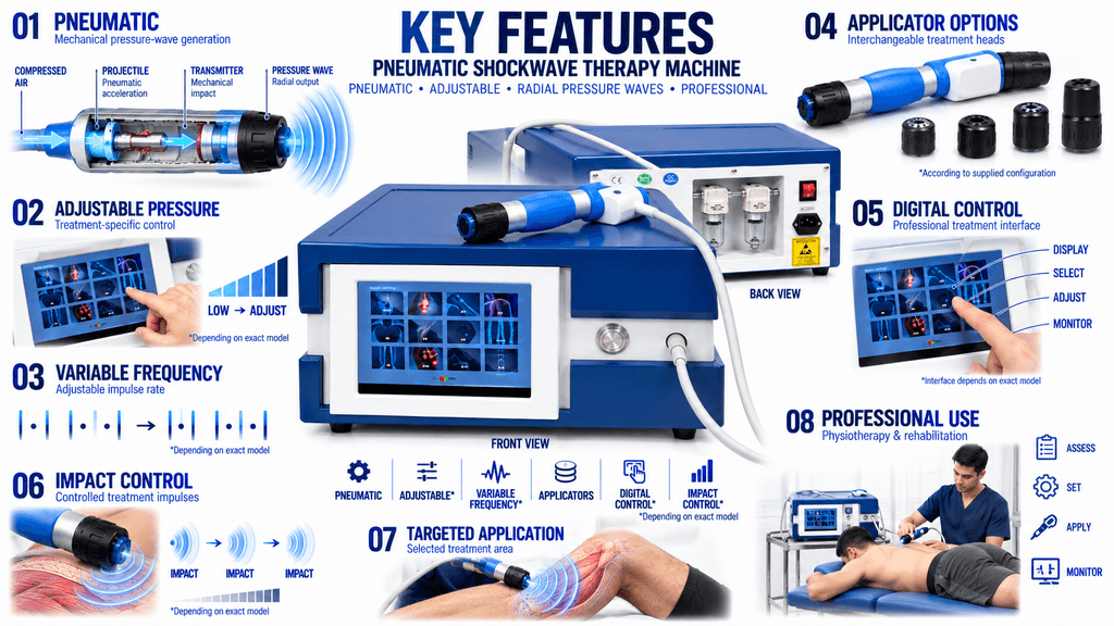 Pneumatic Shockwave Therapy Machine with Adjustable Pressure, Frequency and Interchangeable Applicators