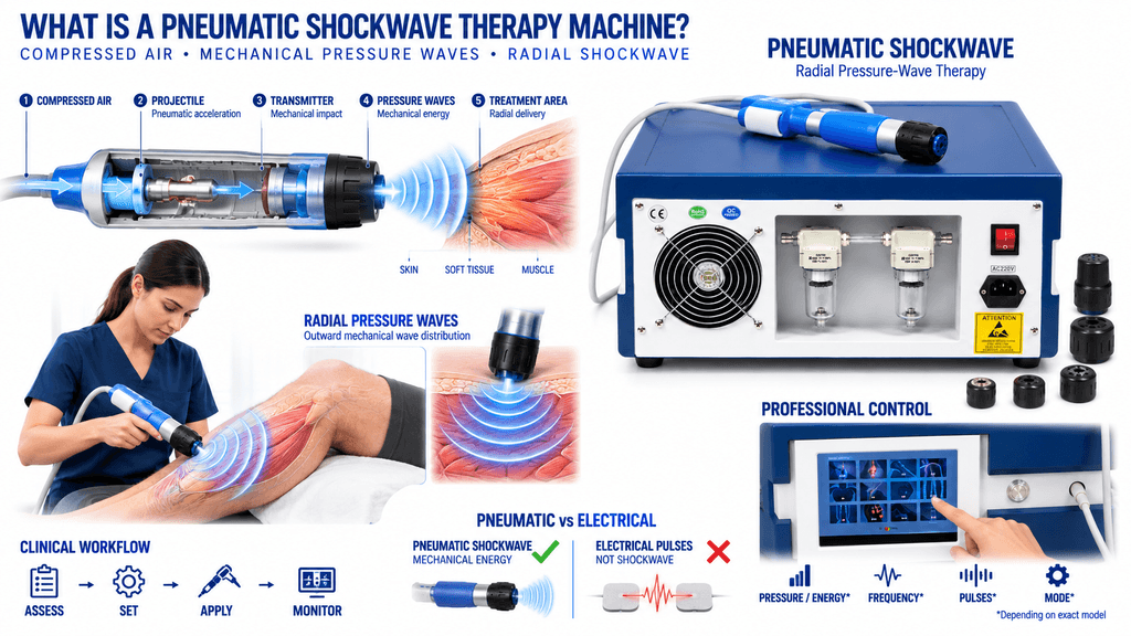 Pneumatic Shockwave Therapy Machine with Radial Pressure Wave Applicator and Professional Controls