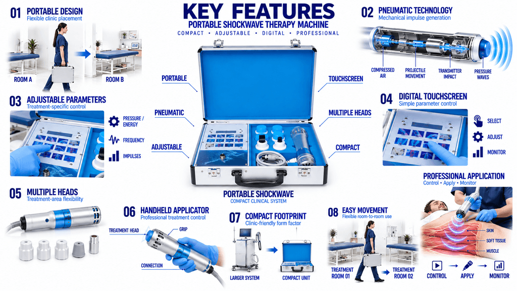 Portable Shockwave Therapy Machine Key Features with Pneumatic Technology, Digital Touchscreen, Multiple Treatment Heads and Handheld Applicator