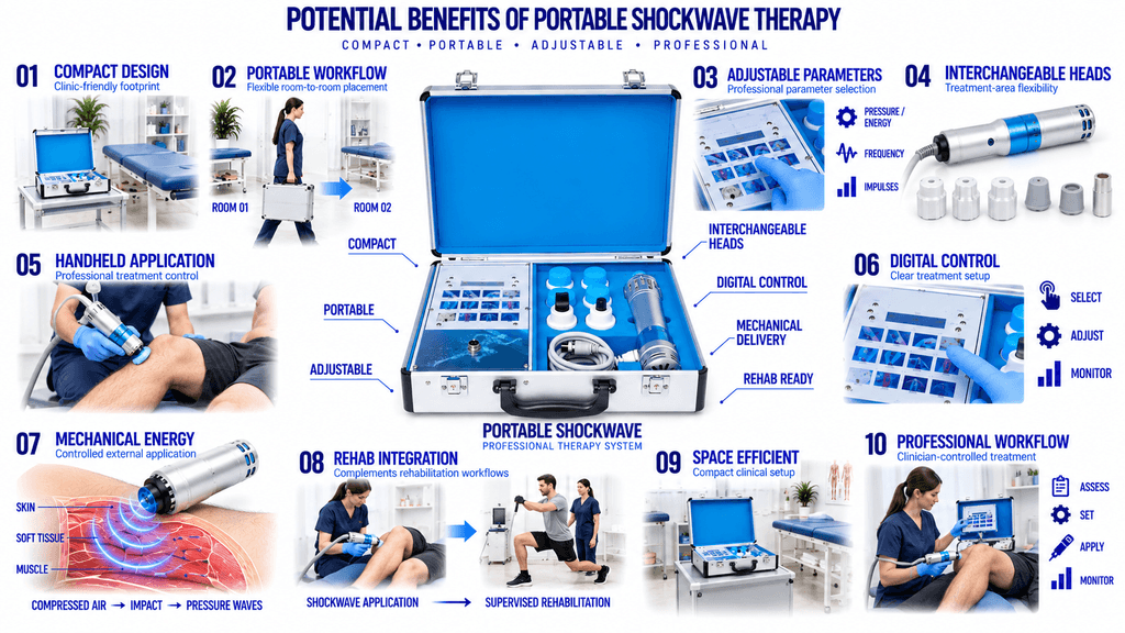 Portable Shockwave Therapy Machine Potential Benefits with Adjustable Parameters, Interchangeable Heads and Digital Control