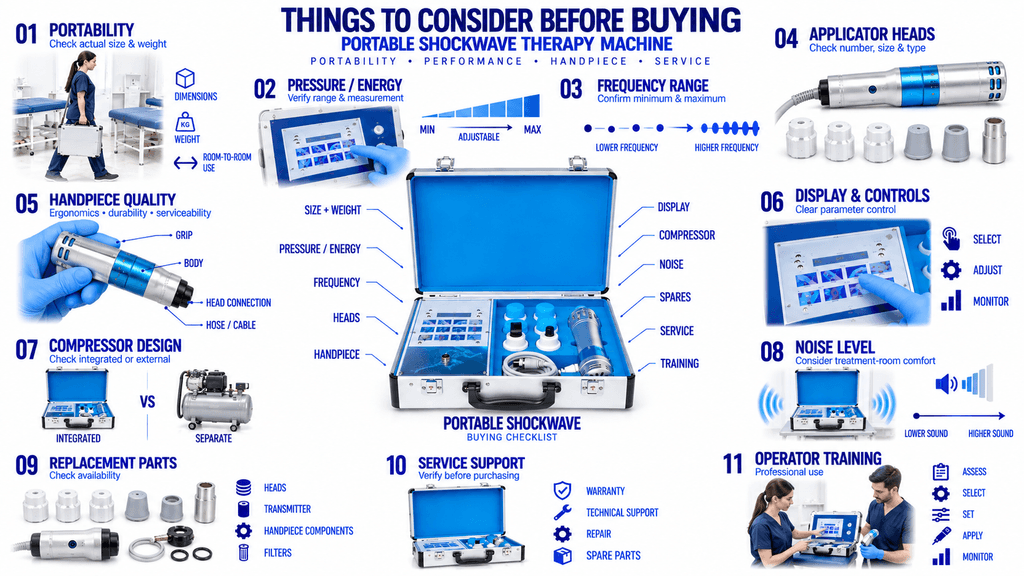 Portable Shockwave Therapy Machine Buying Guide with Pressure, Frequency, Applicator Heads, Handpiece, Controls and Service Support