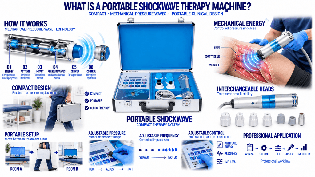 Portable Shockwave Therapy Machine with Mechanical Pressure Waves, Interchangeable Treatment Heads and Adjustable Controls