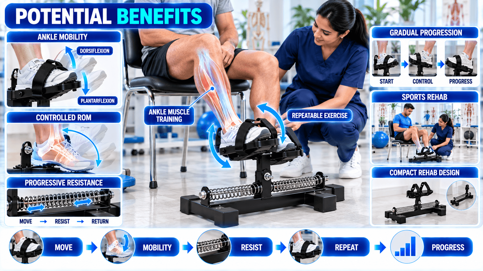 Ankle Exerciser Rehabilitation Manual ankle exerciser demonstrating potential benefits including ankle mobility, controlled range of motion, ankle muscle training, progressive resistance, repeatable exercise, gradual progression, sports rehabilitation, and compact rehabilitation training.