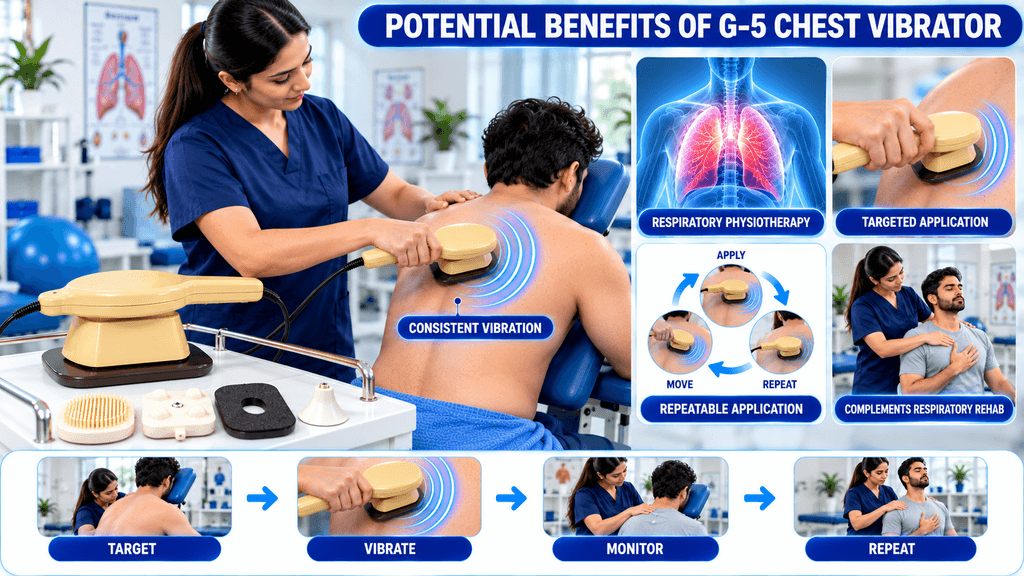 G-5 Chest Vibrator Massager Machine G-5 Chest Vibrator used for mechanical vibration therapy during chest physiotherapy, showing targeted application, consistent vibration, repeatable application, and supervised respiratory rehabilitation.