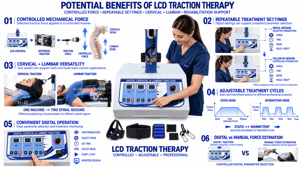 LCD Cervical and Lumbar Traction Therapy Machine showing controlled traction force, repeatable settings, static and intermittent modes
