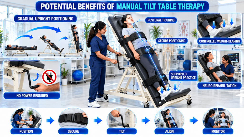 Manual tilt table therapy showing gradual upright positioning, postural training, secure positioning, controlled weight-bearing, supported upright practice, neuro rehabilitation, and manual tilt operation without power.