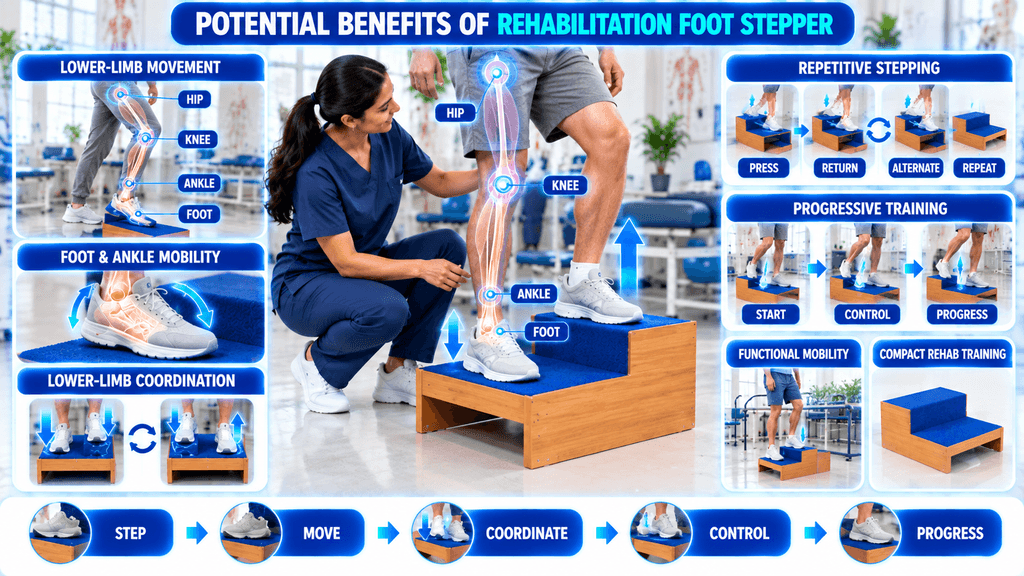 Rehabilitation foot stepper demonstrating potential benefits including lower-limb movement, foot and ankle mobility, coordination, repetitive stepping, progressive training, functional mobility, and compact rehabilitation exercise.