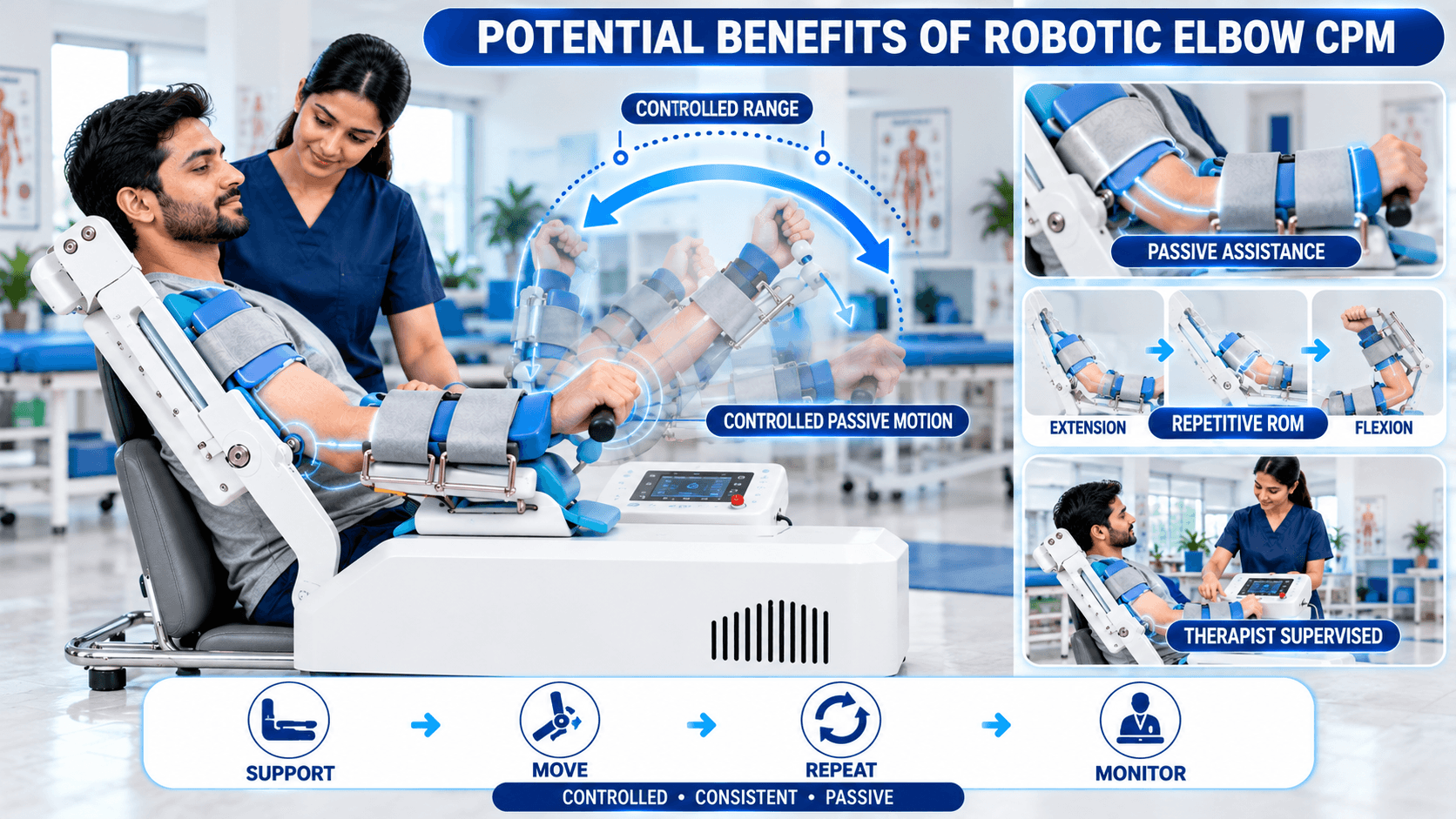 Robotic Elbow CPM Machine Showing Controlled Passive Motion, Repetitive ROM and Therapist-Supervised Rehabilitation