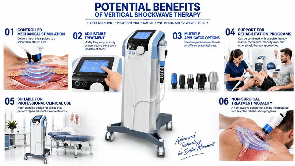 Vertical Shockwave Therapy Machine showing controlled mechanical stimulation, adjustable treatment settings, multiple applicators and rehabilitation applications