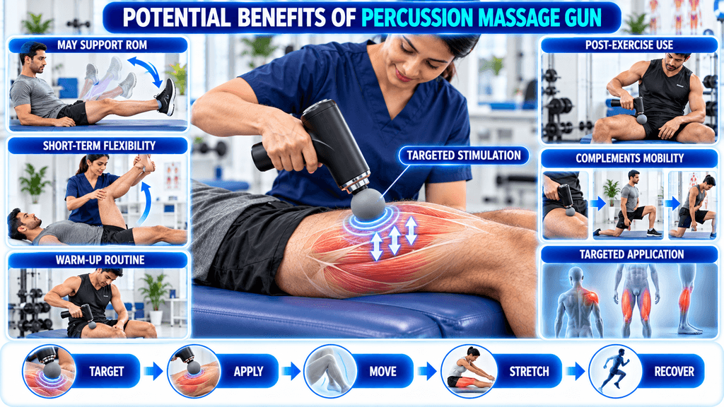 Percussion massage gun used for targeted muscle stimulation, showing potential support for range of motion, short-term flexibility, warm-up routines, post-exercise use, mobility work, and targeted muscle application.