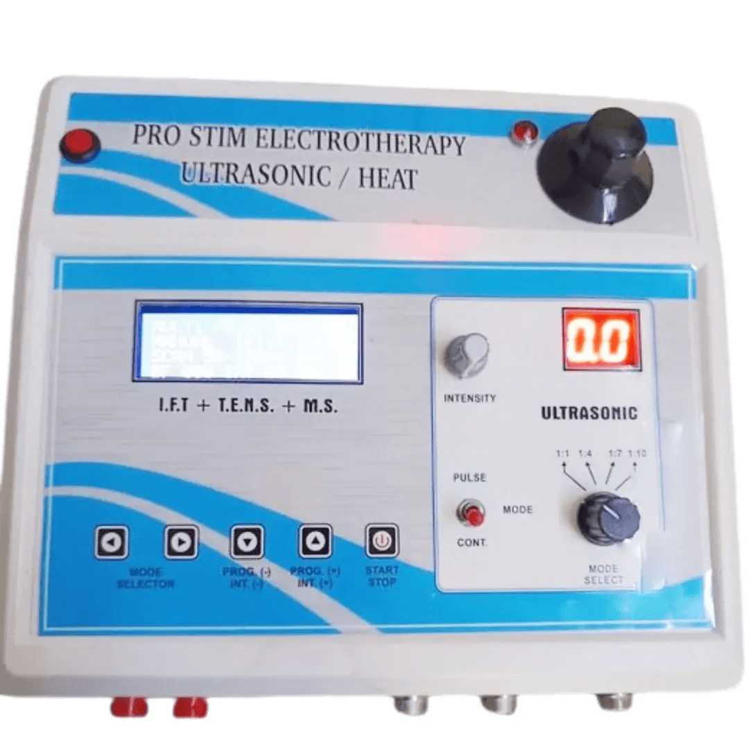 Pro Stim electrotherapy combination machine with IFT, TENS, muscle stimulation, therapeutic ultrasound and heat therapy controls for physiotherapy use.