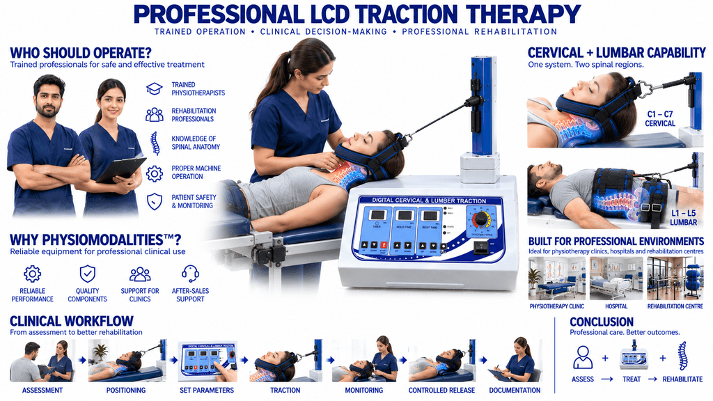 Professional LCD Cervical and Lumbar Traction Therapy Machine with trained physiotherapist, patient monitoring and clinical rehabilitation workflow