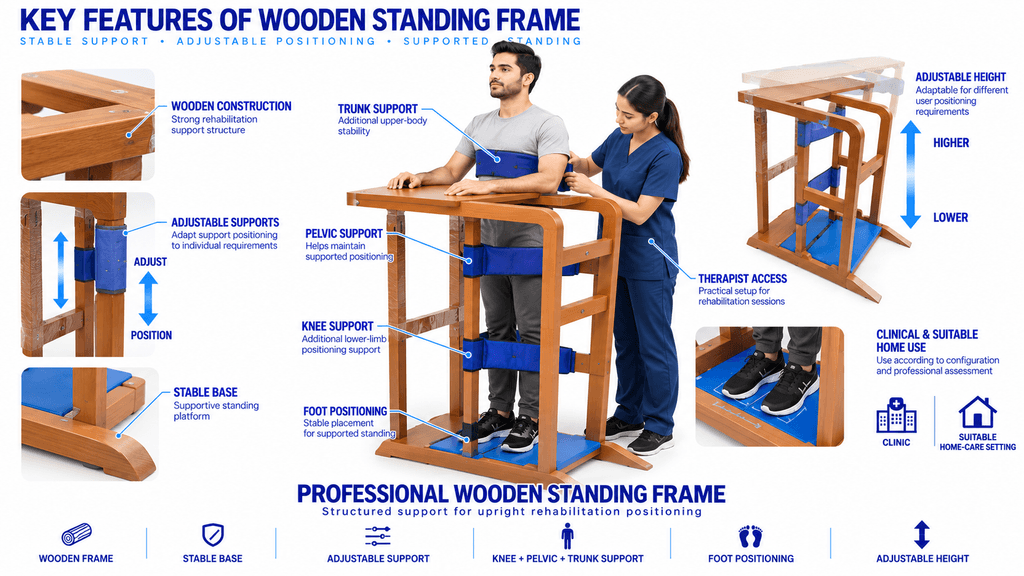 Professional wooden standing frame for physiotherapy rehabilitation featuring adjustable trunk, pelvic, knee, and foot supports, stable base, adjustable height, and therapist-assisted standing positioning for neurological and orthopedic rehabilitation.