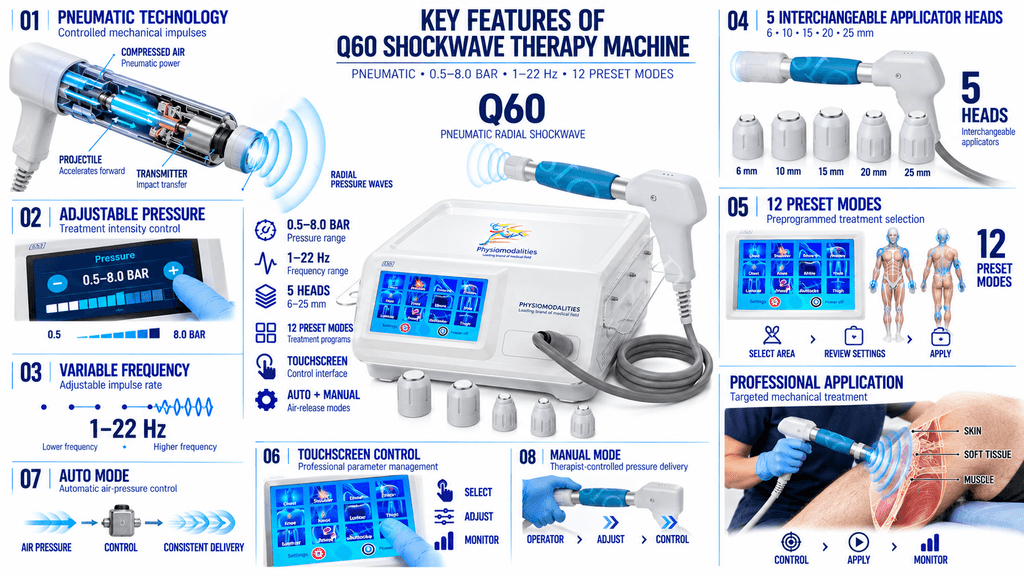 Q60 Shockwave Therapy Machine Q60 Shockwave Therapy Machine with Pneumatic Technology, 0.5–8 Bar Pressure, 1–22 Hz Frequency and 5 Treatment Heads