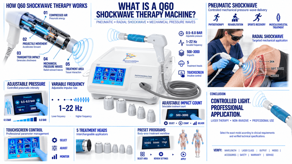 Q60 Shockwave Therapy Machine Q60 Shockwave Therapy Machine with Pneumatic Radial Shockwave Technology, Touchscreen and 5 Treatment Heads