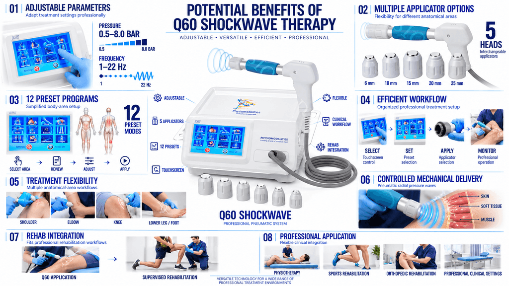 Q60 Shockwave Therapy Machine Q60 Shockwave Therapy Machine Benefits with Adjustable Pressure, 1–22 Hz Frequency, 12 Preset Programs and 5 Applicator Heads