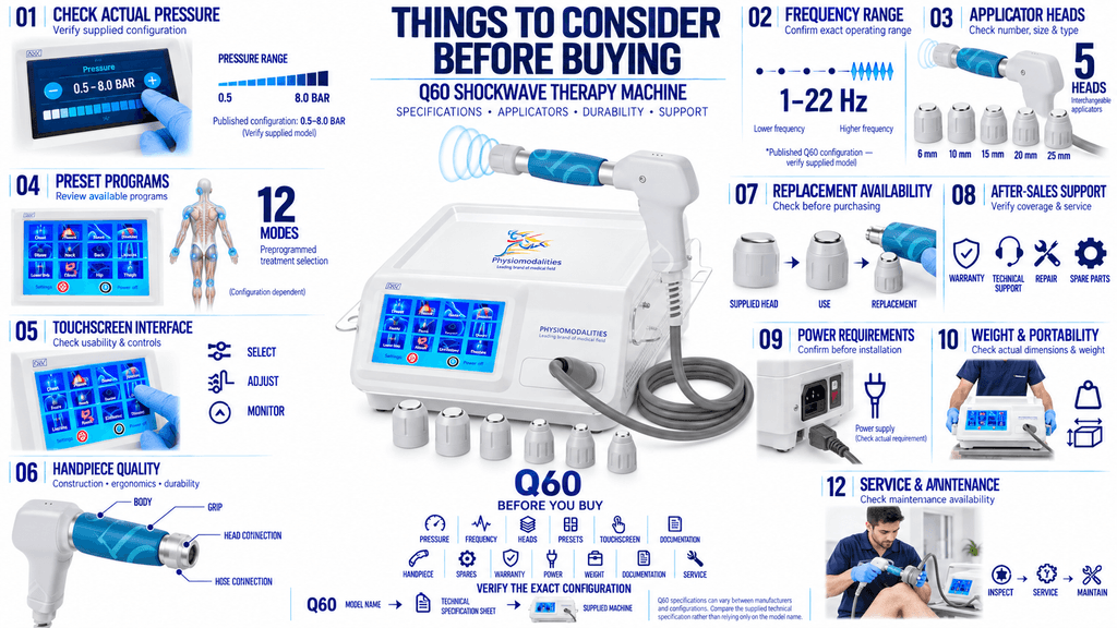 Q60 Shockwave Therapy Machine Q60 Shockwave Therapy Machine Buying Guide with Pressure, Frequency, Applicator Heads, Touchscreen and Service Support