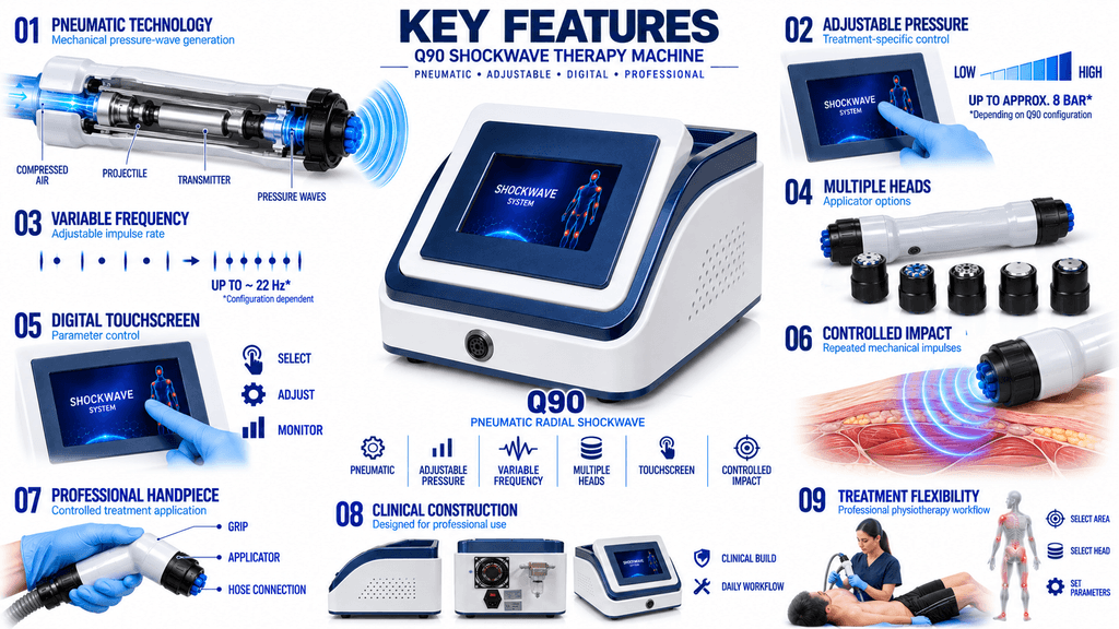 Q90 Shockwave Therapy Machine Q90 Shockwave Therapy Machine Key Features with Pneumatic Technology, Adjustable Pressure, Variable Frequency and Multiple Heads