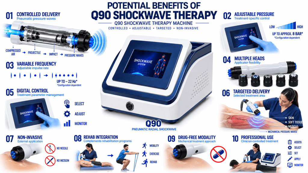 Q90 Shockwave Therapy Machine Q90 Shockwave Therapy Machine Potential Benefits with Pneumatic Pressure Waves, Variable Frequency and Targeted Treatment