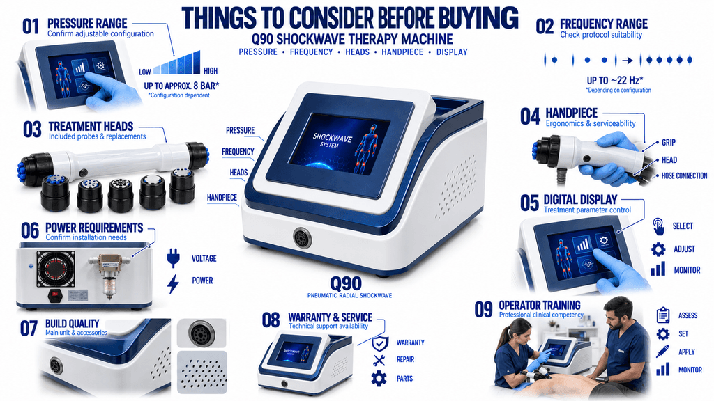 Q90 Shockwave Therapy Machine Q90 Shockwave Therapy Machine Buying Guide with Pressure, Frequency, Treatment Heads, Handpiece and Digital Display