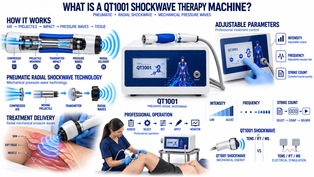 QT1001 Shockwave Therapy Machine QT1001 Shockwave Therapy Machine Showing Pneumatic Radial Pressure Waves, Adjustable Parameters and Professional Treatment