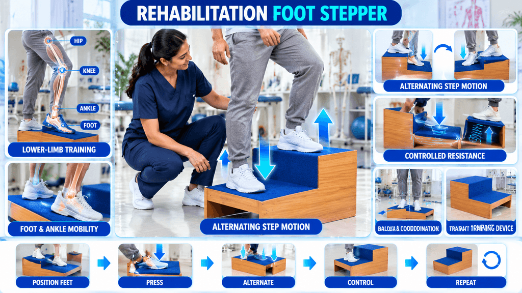 Rehabilitation foot stepper for lower-limb training, foot and ankle mobility, alternating step motion, balance and coordination, controlled resistance, and functional movement practice.