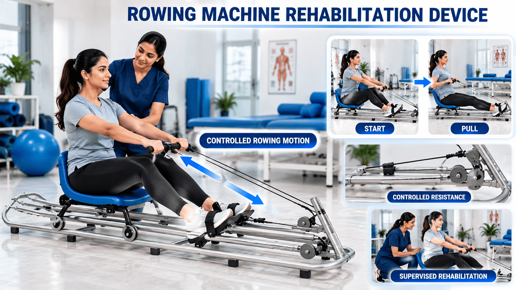 Rowing Machine Rehabilitation Device Rowing Machine Rehabilitation Device with padded sliding seat, adjustable resistance rowing mechanism, secure footrests, and heavy-duty steel frame for full-body physiotherapy, rehabilitation exercises, mobility training, and clinical recovery.