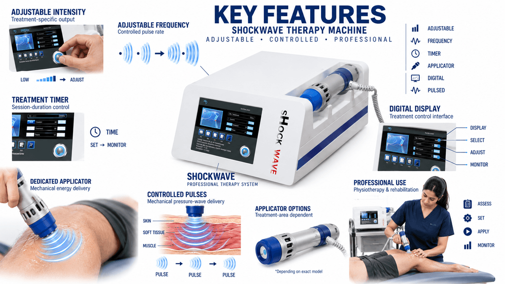 Shockwave Therapy Machine Key Features with Adjustable Intensity, Frequency, Timer, Digital Display and Applicator