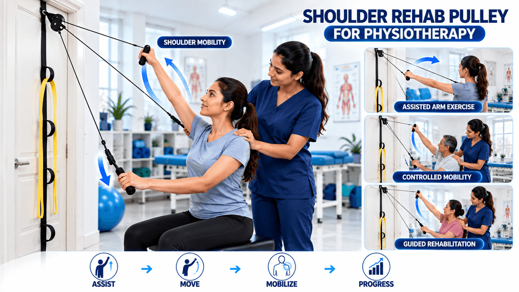 PHYSIOMODALITIES™ Shoulder Rehab Pulley for Physiotherapy with adjustable door anchor pulley system, comfortable handles, and guided shoulder mobility exercises performed under physiotherapist supervision for assisted arm rehabilitation and range-of-motion therapy.