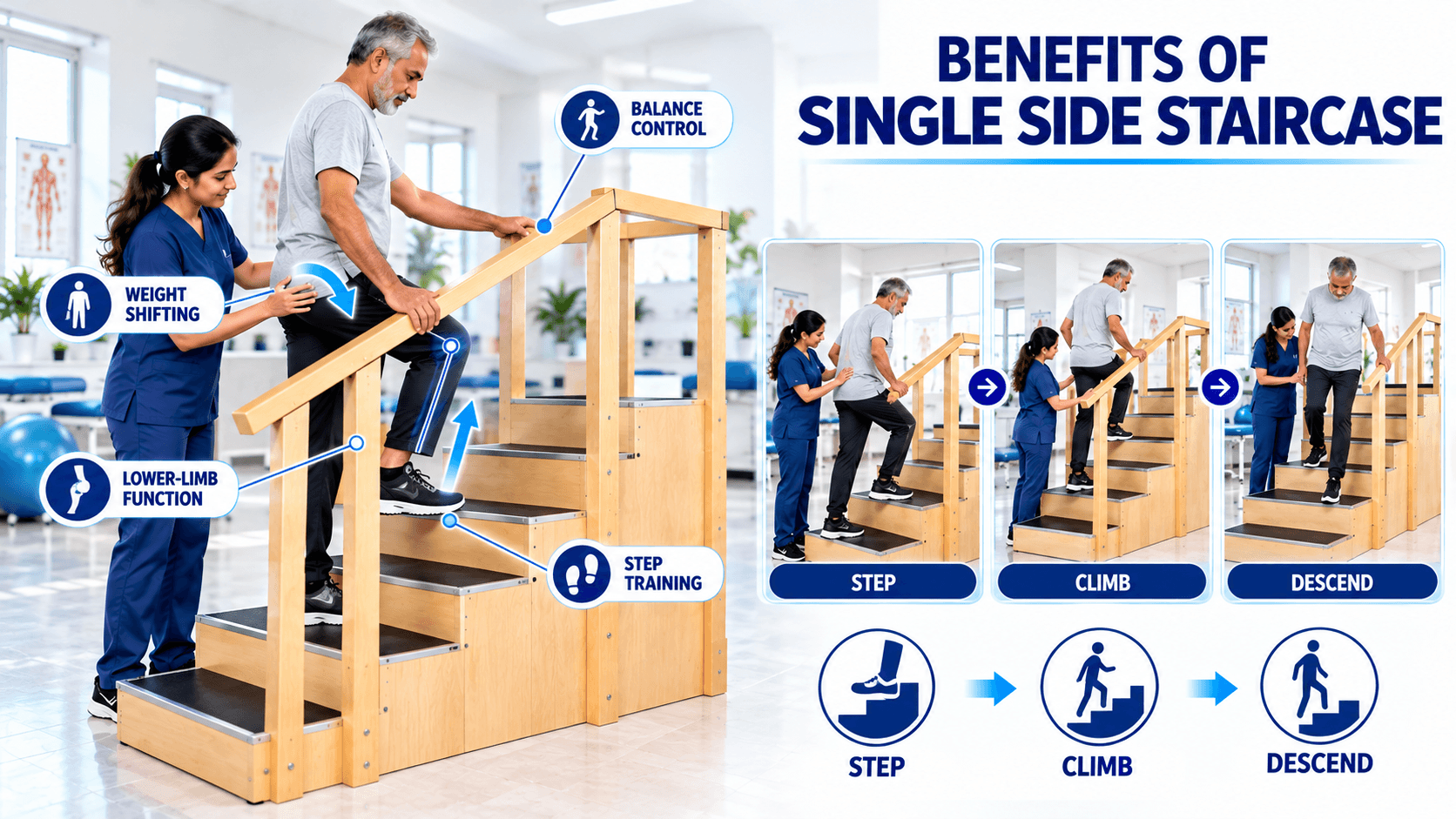 PHYSIOMODALITIES™ Single Side Staircase for physiotherapy rehabilitation training with an elderly patient performing step-up, climb, and descend exercises under physiotherapist supervision in a clinical rehabilitation setting.