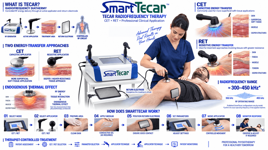 SmartTecar TECAR Radiofrequency Therapy Machine with CET and RET applicators for professional physiotherapy treatment