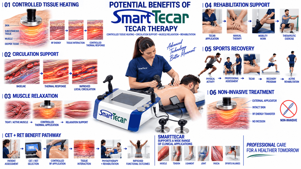 SmartTecar TECAR Therapy Machine showing controlled tissue heating, circulation support, muscle relaxation, sports recovery and non-invasive rehabilitation